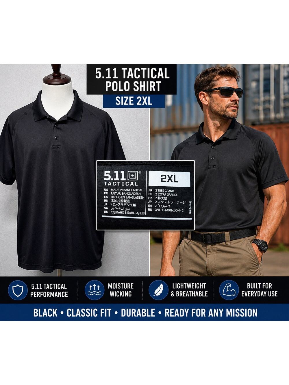 5.11 Tactical Polo Shirt‎ Mens 2XL Black Short Sleeve Performance Duty Golf Work
